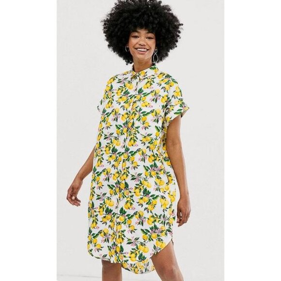 MONKI Women's Lemon Print Shirt Dress Size XS In White - Picture 1 of 12